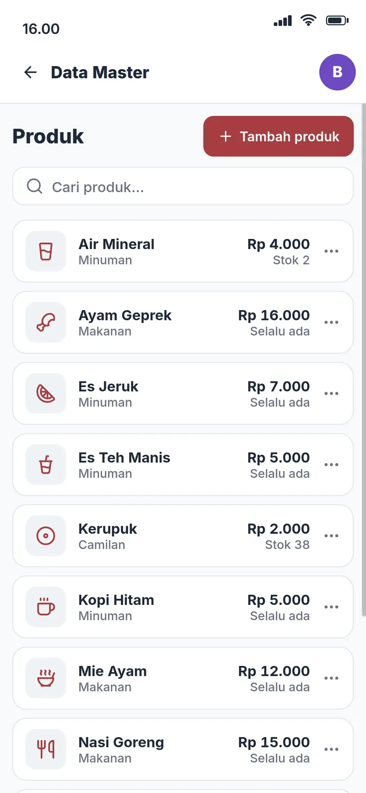 Layar daftar Produk dengan foto dan stok