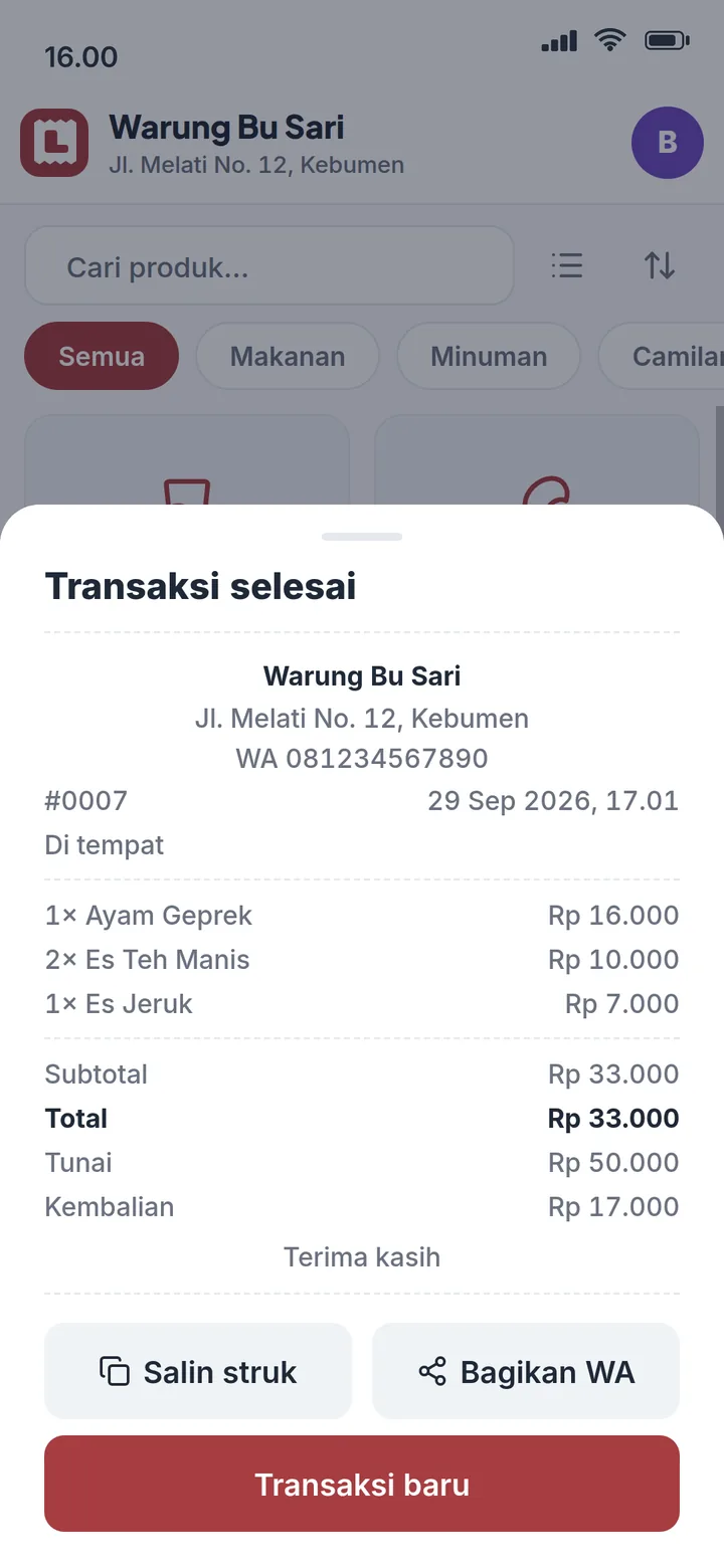 Struk transaksi selesai dengan tombol Bagikan WA